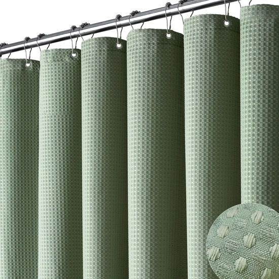 Picture of Dynamene Extra Wide Shower Curtain-108 Inch Wide Waffle Weave Weighted Thick Cloth Bathroom Shower Curtain, Neutral Heavy Duty Hotel Bath Curtain Set with 18 Plastic Hooks,108x72, Sage Green