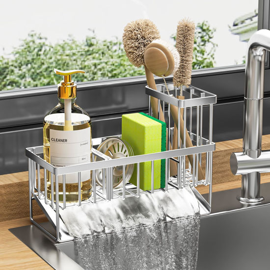 Picture of Cisily Sink Caddy Sponge Holder for Kitchen Sink, 304 Stainless Steel Rustproof, Kitchen Sink Caddy with High Brush Holder, Kitchen Sink Organzier Dish Sponge Organizer with Divider(Silver)