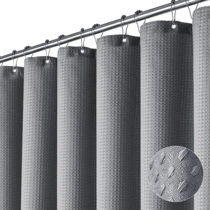 Picture of Dynamene Stall Fabric Shower Curtain - 36x72 Waffle Weave Heavy Duty Cloth Shower Curtains for Bathroom, Neutral Weighted Hotel Spa Luxury Bath Curtain Set with 6 Plastic Hooks,Grey/Gray
