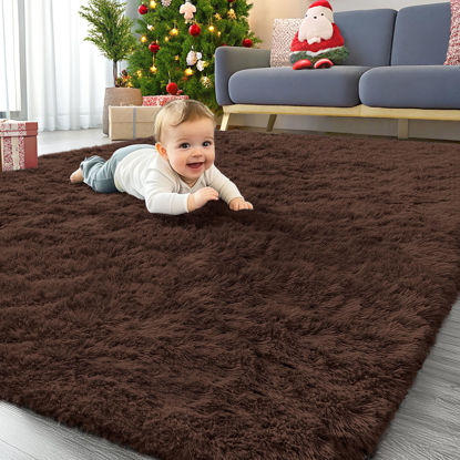 Picture of OLANLY Area Rugs for Living Room Bedroom, Machine Washable 4x5.9 Feet Soft Fluffy Shaggy Bedside Rug, Indoor Floor Carpet for Kids Girls and Boys, Dorms, Nursery Rooms, Home Decor Aesthetic, Coffee