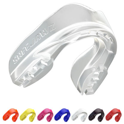Picture of SAFEJAWZ Sports Mouthguard Slim Fit, Adult and Junior Mouth Guard with Case for Boxing, Basketball, Lacrosse, Football, MMA, Martial Arts, Hockey and All Contact Sports (Junior <11 Years, Clear)