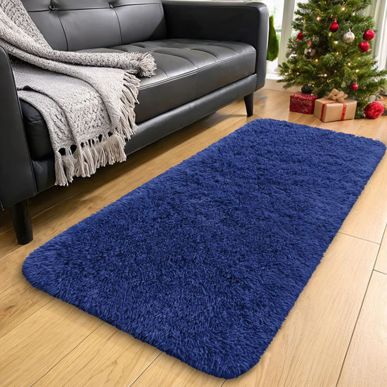 Picture of OLANLY 2x4 Machine Washable Runner Rugs for Hallway, Soft Fluffy Shaggy Bedside Rugs for Bedroom, Living Room, Indoor Floor Carpet for Kids Girls Boys, Nursery Rooms, Home Decor Aesthetic, Navy Blue