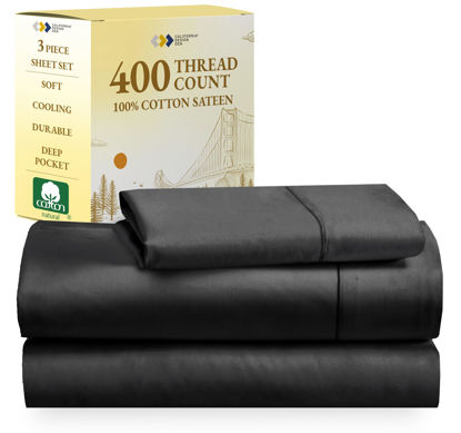 Picture of California Design Den Softest 100% Cotton Twin Sheets Set, 400 Thread Count Sateen Bedding for Dorm Rooms & Adults, Deep Pocket, Cooling Sheets (Black)