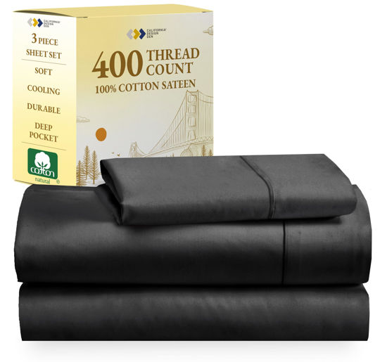 Picture of California Design Den Softest 100% Cotton Twin Sheets Set, 400 Thread Count Sateen Bedding for Dorm Rooms & Adults, Deep Pocket, Cooling Sheets (Black)
