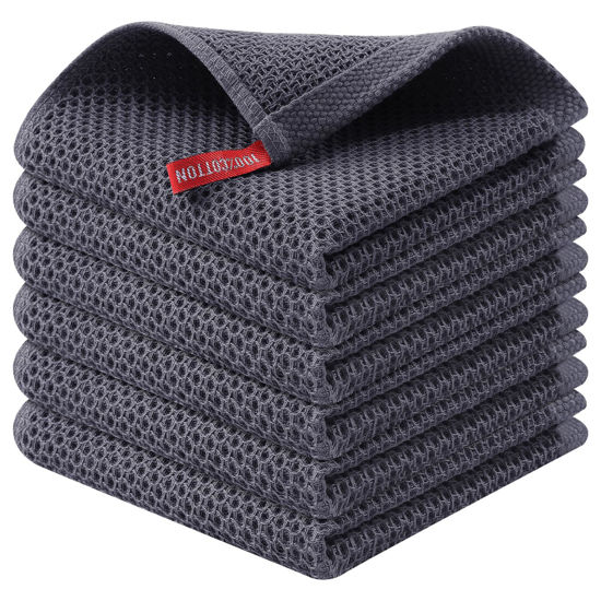 Picture of Kitinjoy 100% Cotton Kitchen Dish Cloths, 6 Pack Waffle Weave Ultra Soft Absorbent Dish Towels for Drying Dishes Quick Drying Kitchen Towels Dish Rags, 12 X 12 Inches, Dark Grey