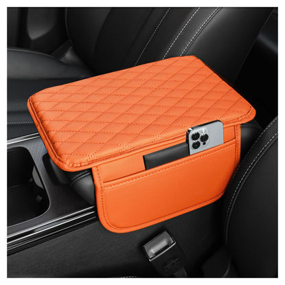Picture of Upgraded Car Center Console Cover,Microfiber Leather Car Armrest Cover Cushion with 2 Storage Bags,Universal Car Armrest Storage Box Car Interior Accessories for Most Cars (Orange)