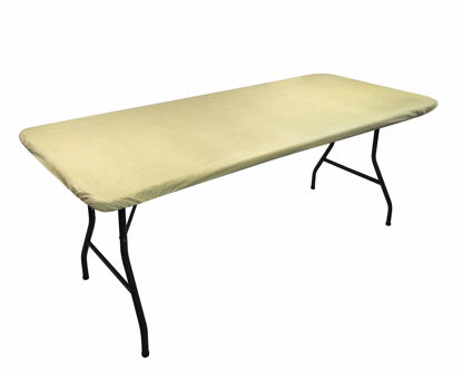 Picture of Covers For The Home Deluxe Elastic Edged Flannel Backed Vinyl Fitted Table Cover - Basketweave (Beige) Pattern - Banquet - 6' x 30"