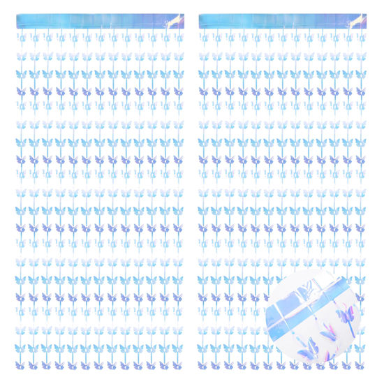 Picture of BRAVESHINE Iridescent Hanging Butterfly Fringe Backdrop - 2 Pack 3.2x6.6ft Holographic Foil Curtain Party Streamers Backdrop for Butterfly Birthdays Decorations, Bridal Shower, Baby, Bachelorette