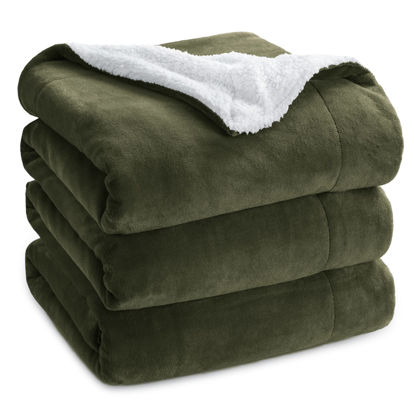 Picture of Bedsure Sherpa Fleece Blankets Queen Size for Bed - Thick and Warm, Soft Fuzzy Plush Queen Blanket for Winter, Olive Green, 90x90 Inches