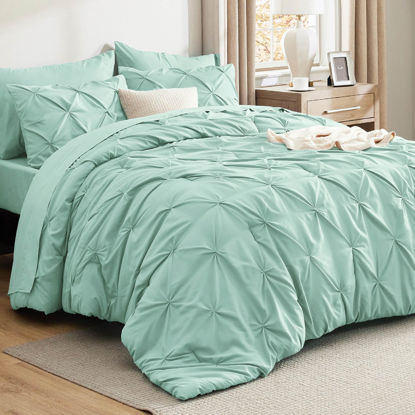 Picture of Bedsure Queen Comforter Set Mint Green - Bed in a Bag Queen Size 7 Pieces, GentleSoft™ Pintuck Bed Set Gift for Family, Pinch Pleat Mint Green Comforter with Sheets, Pillowcases & Shams