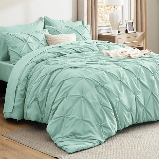Picture of Bedsure Queen Comforter Set Mint Green - Bed in a Bag Queen Size 7 Pieces, GentleSoft™ Pintuck Bed Set Gift for Family, Pinch Pleat Mint Green Comforter with Sheets, Pillowcases & Shams