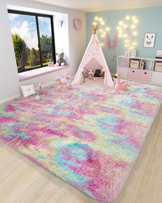 Picture of Ophanie Rainbow Colorful Rugs for Living Room 5x8, Unicorn Fluffy Shag Fuzzy Plush Soft Carpets, Floor Shaggy Area Rugs for Bedroom, Carpet for Kids Girls Dorm Nursery Home Decor Aesthetic