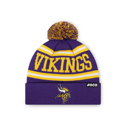 Picture of FOCO Minnesota Vikings NFL Logo Stripe Pom Beanie Hat, Team Color
