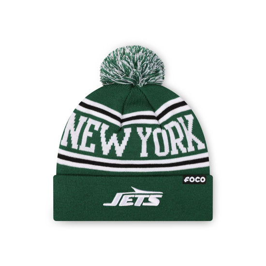 Picture of FOCO New York Jets NFL Logo Stripe Pom Beanie Hat, Team Color