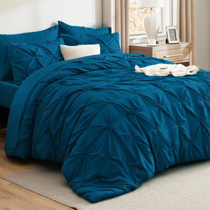 Picture of Bedsure King Size Comforter Set - Bedding Sets King 7 Pieces, Pintuck Bed in a Bag Teal Blue Bed Set with Comforter, Sheets, Pillowcases & Shams