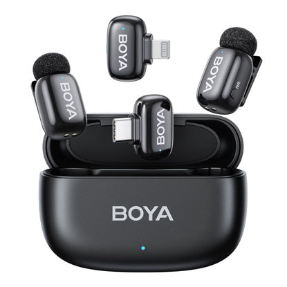 Picture of BOYA mini Wireless Microphone for iPhone/Android/PC/Tablets with USB C/Lightning Plug, MFi Certified, Noise Reduction, AI Voice Changer, 30H Battery Life with Charging Case for Video Recording Podcast