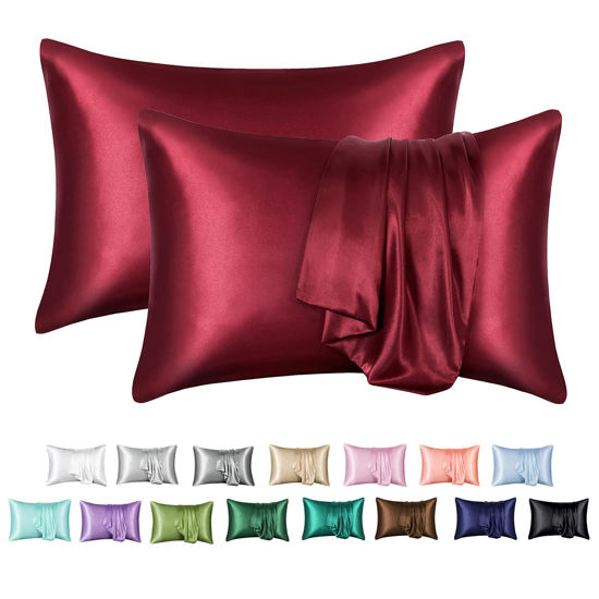 Picture of MR&HM Satin Pillowcase for Hair and Skin, Silk Satin Pillowcase 2 Pack, Standard Size Pillow Cases Set of 2, Silky Pillow Cover with Envelope Closure (20x26, Burgundy)