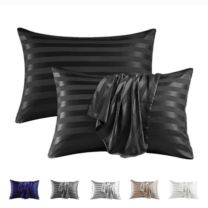 Picture of MR&HM Satin Pillowcase for Hair and Skin, Silk Satin Pillowcase 2 Pack, King Size Pillow Cases Set of 2, Silky Pillow Cover with Envelope Closure (20x36, Black Striped)