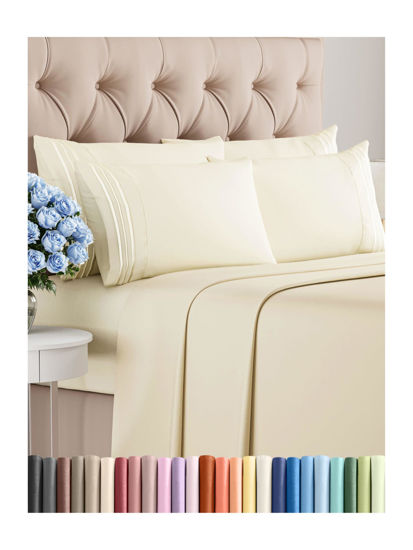 Picture of King 6 Piece Sheet Set - Breathable & Cooling Sheets - Hotel Luxury Bed Sheets - 1 Flat Sheet, 1 Fitted Sheet & 4 Pillowcases - Deep Pocket - Easy Fit, Soft & Wrinkle Free - King Off White Sheets