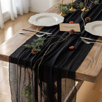 Picture of Keketo 6pcs Halloween Table Runner Black Cheesecloth Gauze Rustic Premium Cotton Cheese Cloth Table Runner 120 Inch 10 FT for Wedding Bridal Baby Shower Long Sheer Boho Christmas Decorations