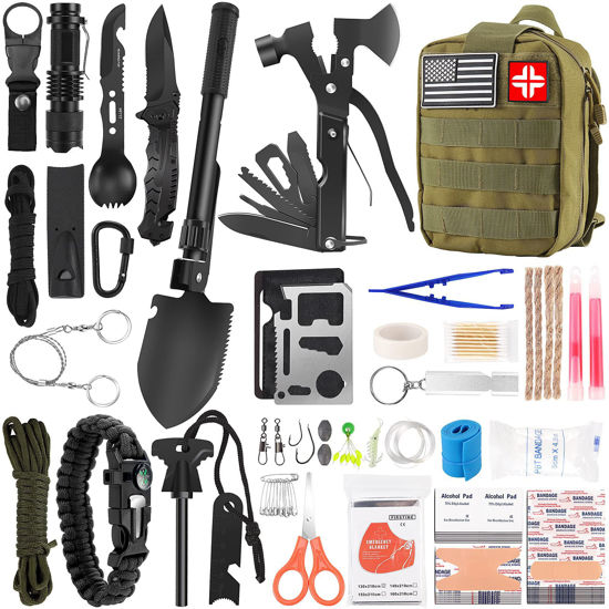 Picture of Survival Kit and First Aid Kit, 142Pcs Professional Survival Gear and Equipment with Molle Pouch, for Men Dad Husband Who Likes Camping Outdoor Adventure (Green)…
