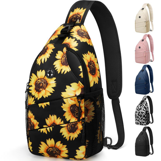 Picture of Pritent Crossbody Bags for Women Men Trendy Sling Bag Bakpack Casual Chest Bag with Convertible Shoulder Strap Travel Cross Body Bag for Hiking Traveling Outdoors(Sunflower)