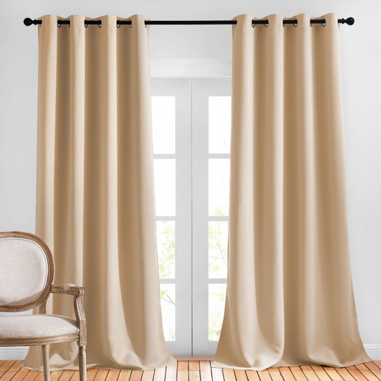 Picture of NICETOWN Bedroom Sunlight Block Curtains - Triple Weave Microfiber Grommet Top Thermal Insulated Solid Light Blinds Panels/Drapes for Kid's Room (Biscotti Beige, 1 Pair, 52 inches by 95 Inch)