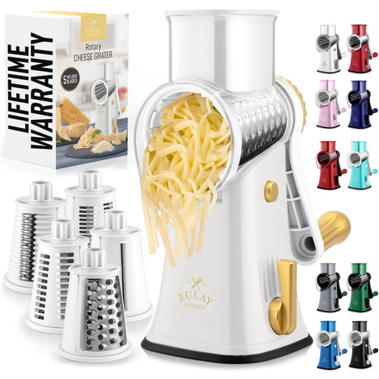 Picture of Zulay Rotary Cheese Grater 5 Blade Cheese Shredder - Manual Hand Crank Cheese Grater With Reinforced Suction & 5 Interchangeable Drums - Easy to Use Vegetable Chopper - Champagne Frost