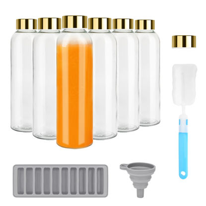 Picture of Zukro Glass Juice Bottles with Lids for Juicing 18 oz, Reusable Clear Glass Water Bottles with Stainless Steel Airtight Cap for Refrigerator, 100% Leak Proof, BPA Free, Set of 6, Gold Lid