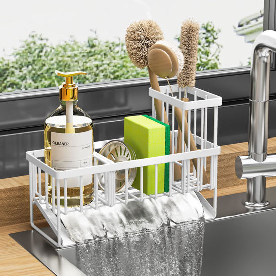Picture of Cisily Sink Caddy Sponge Holder for Kitchen Sink, 304 Stainless Steel Rustproof, Kitchen Sink Caddy with High Brush Holder, Kitchen Sink Organzier Dish Sponge Organizer with Divider(White)