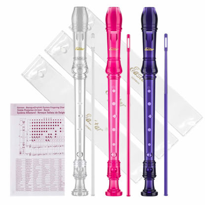Picture of Eastar Soprano Recorder Instrument for Kids Beginners, German fingering C Key Recorder Set 3 Piece with Cleaning Kit, Storage Bag, Fingering Chart, ERS-3G1, School-Approved, Transparent Pink Purple