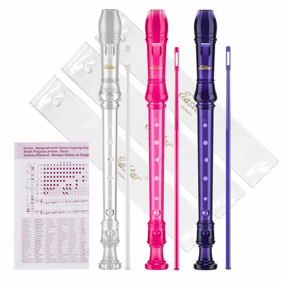 Picture of Eastar Soprano Recorder Instrument for Kids Beginners, German fingering C Key Recorder Set 3 Piece with Cleaning Kit, Storage Bag, Fingering Chart, ERS-3G1, School-Approved, Transparent Pink Purple