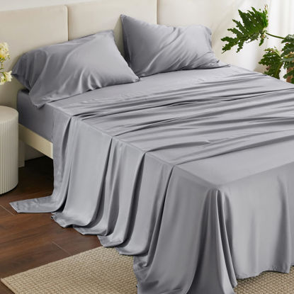 Picture of Bedsure Queen Sheets, Rayon Derived from Bamboo, Queen Cooling Sheet Set, Deep Pocket Up to 16", Breathable & Soft Bed Sheets, Hotel Luxury Silky Bedding Sheets & Pillowcases, Silver Grey