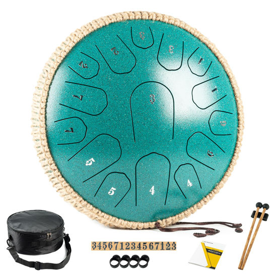 Picture of HOPWELL Steel Tongue Drum - 13 Inches 15 Notes Tongue Drum - Hand Pan Drum with Music Book, Handpan Drum Mallets and Carry Bag, D Major (Malachite Green)