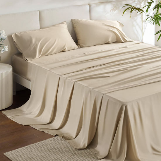 Picture of Bedsure King Size Sheet Set, Cooling Sheets King, Rayon Derived from Bamboo, Deep Pocket Up to 16", Breathable & Soft Bed Sheets, Hotel Luxury Silky Bedding Sheets & Pillowcases, Beige