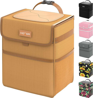 Picture of HOTOR Car Trash Can with Lid, Brown Car Trash Bag Hanging with Storage Pockets, 100% Leak-Proof Car Garbage Can with Adjustable Straps, Magnetic Snaps, Waterproof Car Garbage Bin for Interior Car