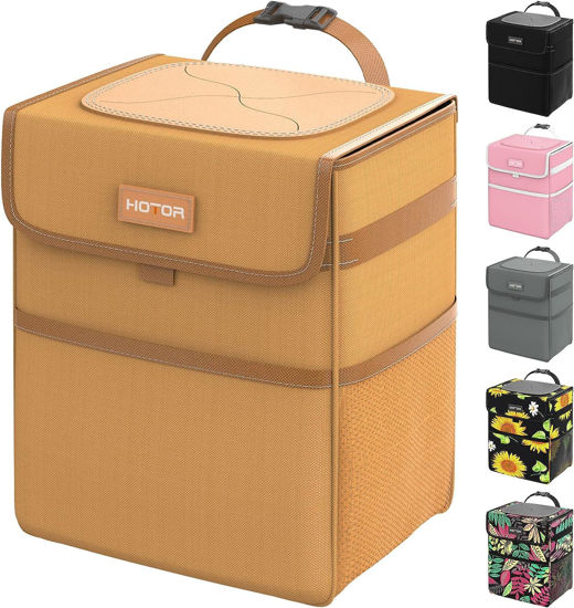 Picture of HOTOR Car Trash Can with Lid, Brown Car Trash Bag Hanging with Storage Pockets, 100% Leak-Proof Car Garbage Can with Adjustable Straps, Magnetic Snaps, Waterproof Car Garbage Bin for Interior Car