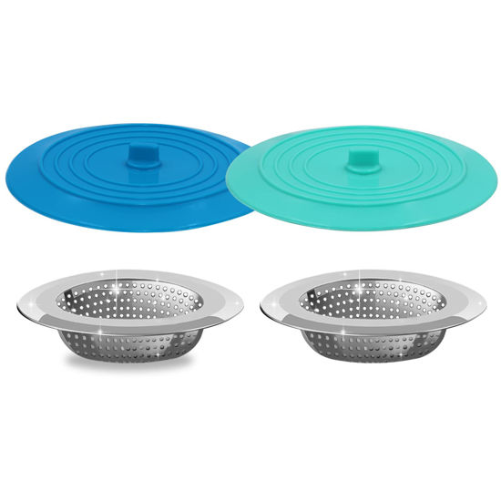 Picture of V-TOP Strainer Stopper 4 Pack, Universal Silicone Kitchen Drain Strainer Cover Plug Stopper Kit, 4.5 Inch Stainless Steel Filter Strainer, Food Catcher for Kitchen