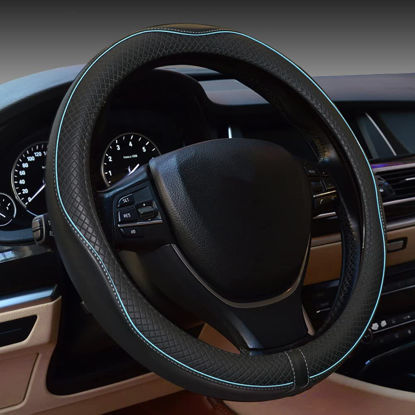 Picture of Car Steering Wheel Cover,Anti-Slip, Safety, Soft, Breathable,Heavy Duty, Thick,Full Surround,Sports Style (Black with Light Blue Line)
