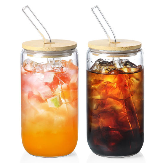 Picture of NETANY 2 Pack Glass Cups with Bamboo Lids and Straws 16 oz, Gifts for Women, Drinking glasses set, Iced Coffee Cup, Tea Cup, Cute Aesthetics Tumbler Cup, Mothers Day, Birthday Gifts for Her Mom