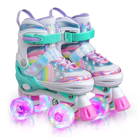 Picture of SULIFEEL Rainbow Unicorn 4 Size Adjustable Light up Roller Skates for Girls Boys for Kids Medium