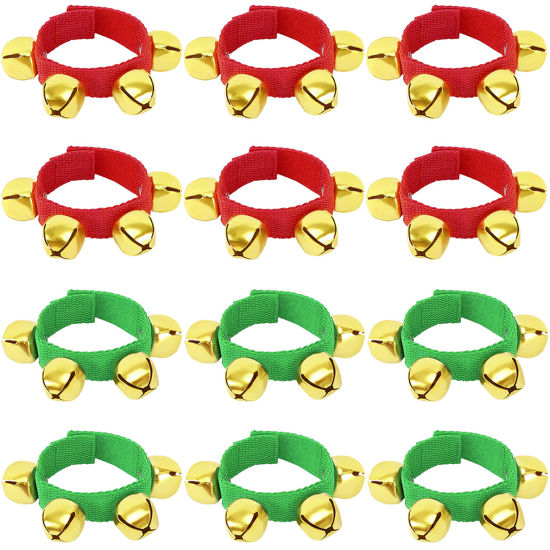 Picture of Augshy 12 Packs Christmas Wristbands Jingle Bells with Gold Bells, Bracelet Ankle Bells Musical Instruments for Christmas Gifts Kids Party Favor Toys (6Red and 6Green)