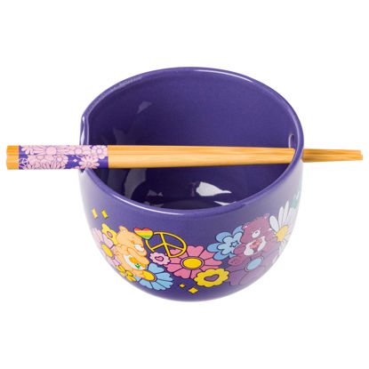 Picture of Silver Buffalo Care Bears Flower Power Groovy Clouds Featuring Funshine Bear, Tenderheart Bear, and Cheer Bear Ceramic Ramen Noodle Rice Bowl with Chopsticks, Microwave Safe, 20 Ounces