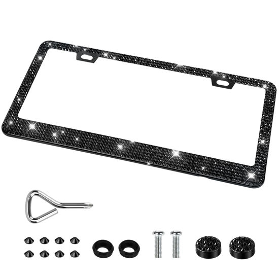 Picture of QUANQIUFEI Bling License Plate Frames for Women, Sparkly Rhinestone Diamond Car Accessories with Glitter Crystal Caps (1 Pack Black)