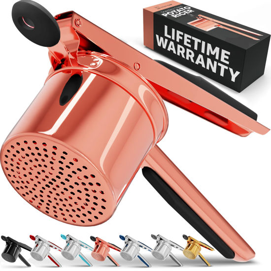 Picture of PriorityChef Large 15oz Potato Ricer, Heavy Duty Stainless Steel Potato Masher and Ricer Kitchen Tool, Press and Mash Kitchen Gadget For Perfect Mashed Potatoes - Everytime, Rose Gold and Black