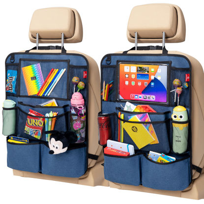 Picture of Helteko Backseat Car Organizer, Kick Mats Back Seat Protector with Touch Screen Tablet Holder, Car Back Seat Organizer for Kids, Travel Accessories, Kick Mat with 9 Storage Pockets 2 Pack, Ocean Blue