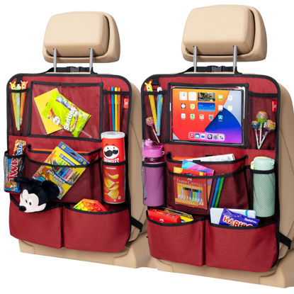 Picture of Helteko Backseat Car Organizer, Kick Mats Back Seat Protector with Touch Screen Tablet Holder, Back Seat Organizer for Kids, Travel Accessories, Kick Mat with 9 Storage Pockets 2 Pack, Venetian Red