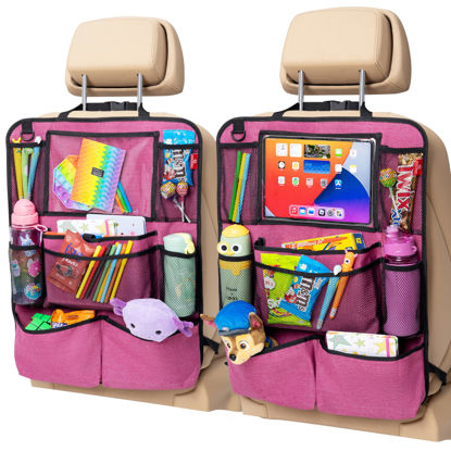 Picture of Helteko Backseat Car Organizer, Kick Mats Back Seat Protector with Touch Screen Tablet Holder, Car Back Seat Organizer for Kids, Travel Accessories, Kick Mat with 9 Storage Pockets 2 Pack, Deep Pink
