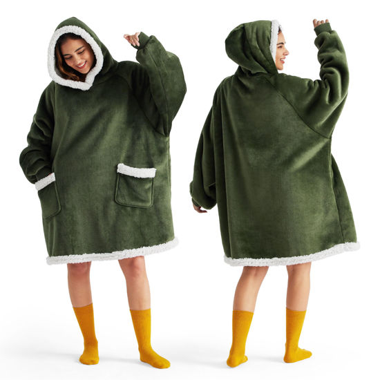 Picture of Bedsure Blanket Hoodie, Wearable Blanket for Adult & Kids as Gifts for Women Men, Birthday Gifts for Women Mom Sherpa Hoodie, Olive Green, Standard