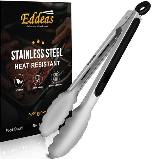 Picture of Eddeas Kitchen Tongs - 9 inch Heavy Duty Food Tongs, Ergonomic Grip Superior Stainless Steel and Non-Slip Heat Resistant handle - Perfect for Cooking, Salad, Grilling, Barbecue,Dishwasher safe